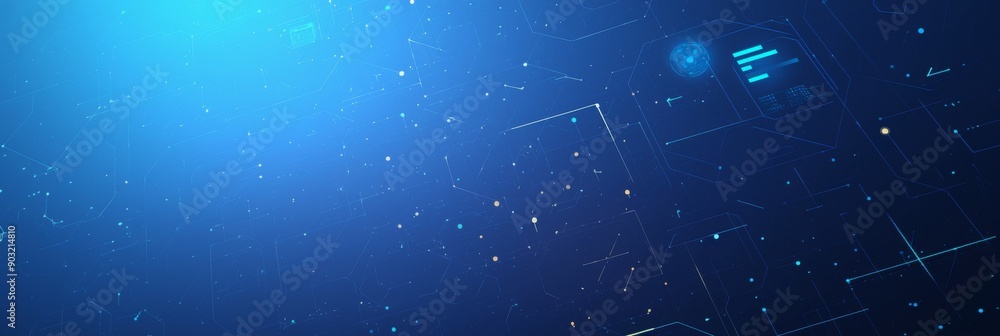 Poster abstract technology design with dark blue background, white lines, and hexagons, featuring data visu
