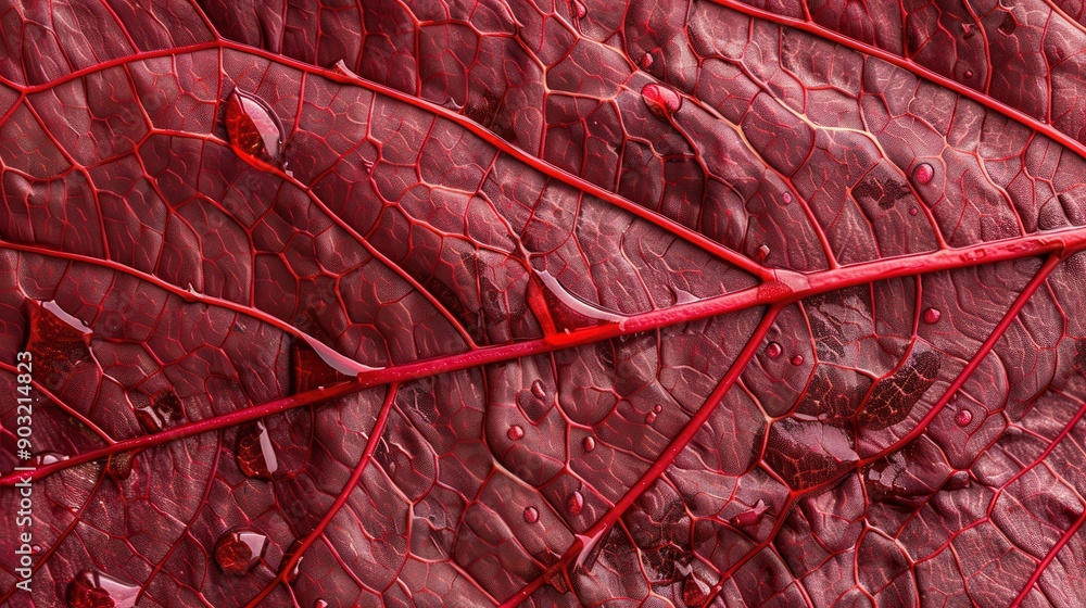Poster a macro shot highlighting the intricate vein structures of a red leaf, showcasing the detailed textu