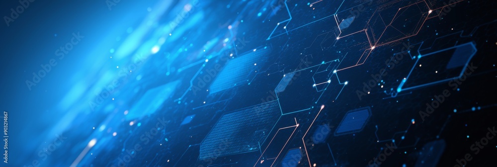 Poster abstract technology design with dark blue background, white lines, and hexagons, featuring data visu