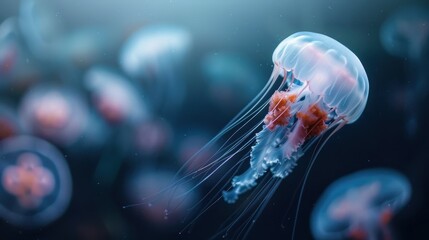 An ethereal jellyfish with translucent bell and tentacles, gracefully floating through the deep blue ocean waters, surrounded by a few distant jellyfish in the background.