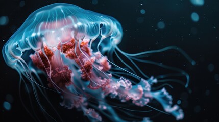 Naklejka premium A mesmerizing jellyfish showcasing its intricate and delicate tentacle structures, set against a dark aqua background, highlighting the creature's natural beauty and complexity.