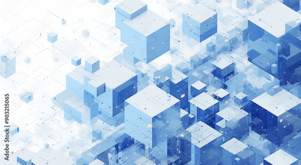 Poster abstract digital art of blue cubes symbolizing blockchain technology with light navy and white geome
