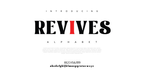 Revives Creative modern alphabet. Dropped stunning font, type for futuristic logo, headline, creative lettering and maxi typography. Minimal style letters with yellow spot. Vector typographic design