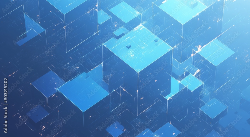 Poster abstract digital art of blue cubes symbolizing blockchain technology with light navy and white geome