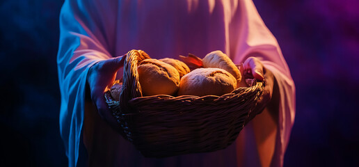 closeup, hands holding basket with bread 