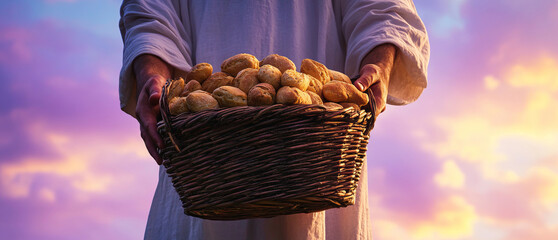 closeup, hands holding basket with bread 