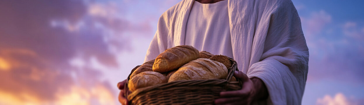 closeup, hands holding basket with bread 