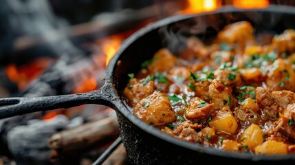 A hearty beef stew gently simmering in a cast-iron skillet over a campfire, with chunks of tender beef and vegetables, creating a delicious and comforting meal.