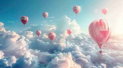 Obraz premium Hot air balloons flying above fluffy clouds during sunrise, creating serene and dreamy atmosphere