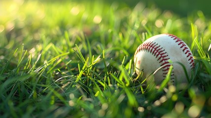 Baseball resting on green grass sunny day
