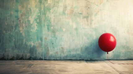 Red balloon floating against weathered blue-green wall in empty room
