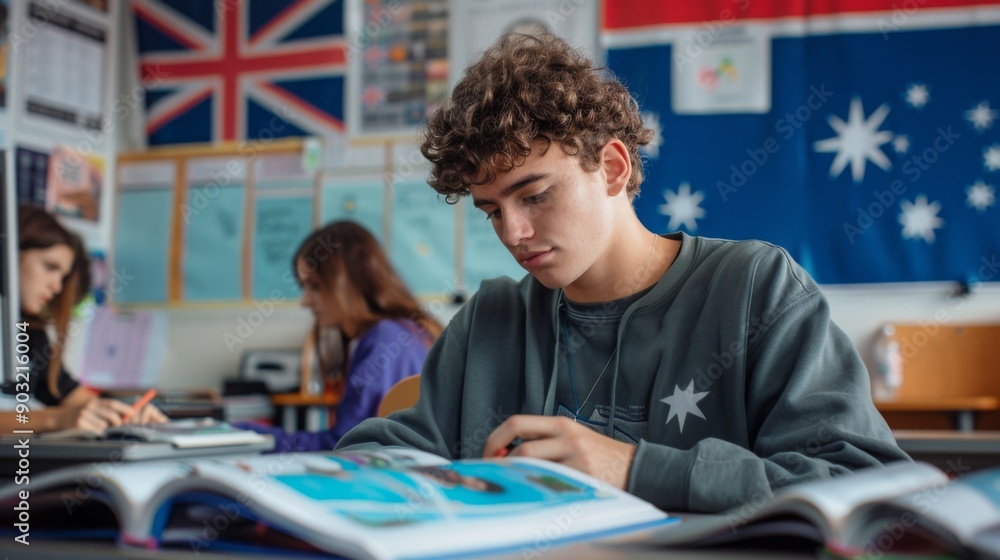 Poster a teenager focuses on his work at a desk in a classroom adorned with australian and british flags, w
