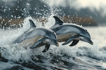 Obraz premium Dolphins Leaping Out of the Water on Top of Large Ocean Waves - 8K Real Photo Capturing Dynamic Movement
