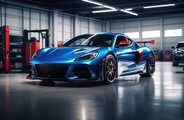 Sleek blue sports car in a modern garage.
