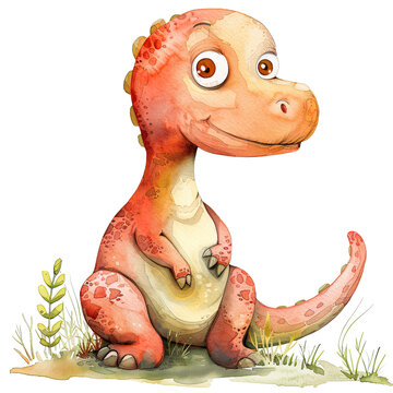 recommend clip art: Cute baby orange dinosaur watercolor illustration for kids clipart isolated on transparent background