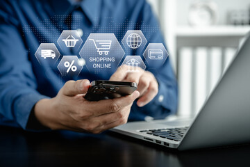 a Businessman using smartphone shopping online with cart icons with a virtual interface shipping global network connection, digital marketing, marketplace, online shopping, and e-commerce concept.