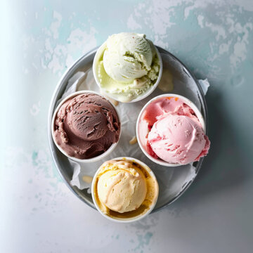 Four servings of different flavors of ice cream