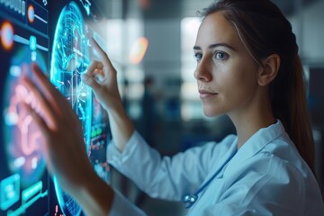 Young woman uses innovative tech to manage hospital work.