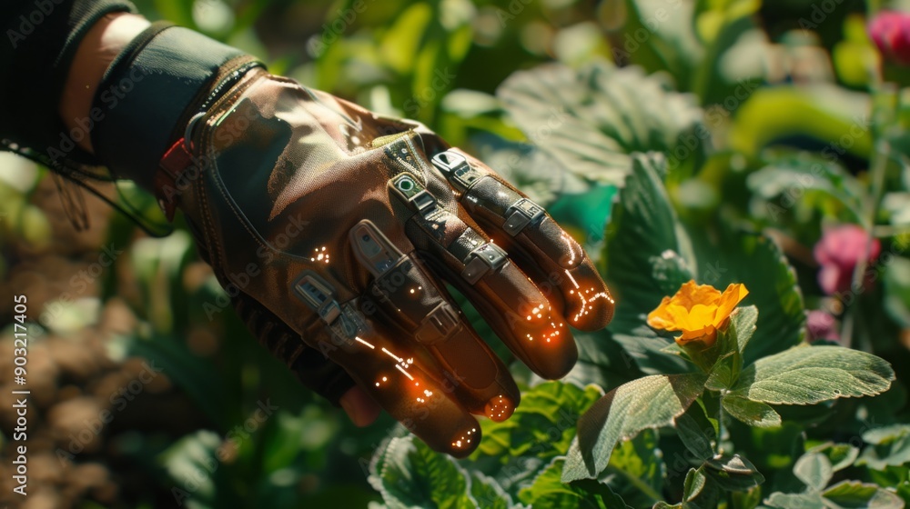 Poster a close-up of a robotic hand with glowing fingertips delicately touching a yellow flower in a lush g