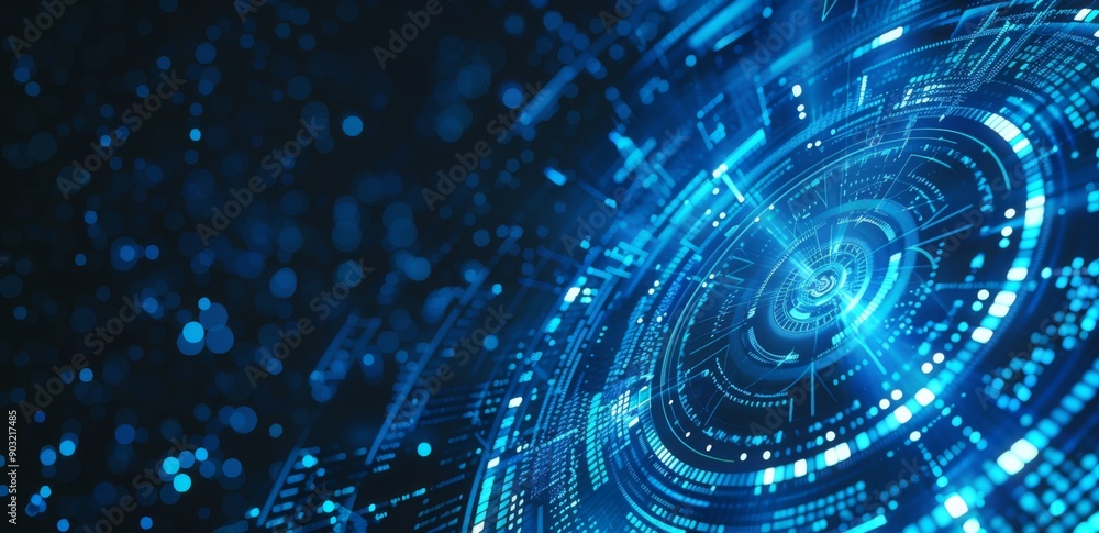 Poster abstract futuristic technology background with blue glowing digital lines and circles, representing 
