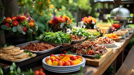 A buffet table with a variety of food and flowers