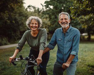 Obraz premium Cheerful active senior couple with bicycle in public park together having fun lifestyle