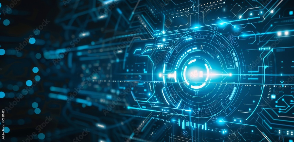 Poster abstract futuristic technology background with blue glowing digital lines and circles, representing 