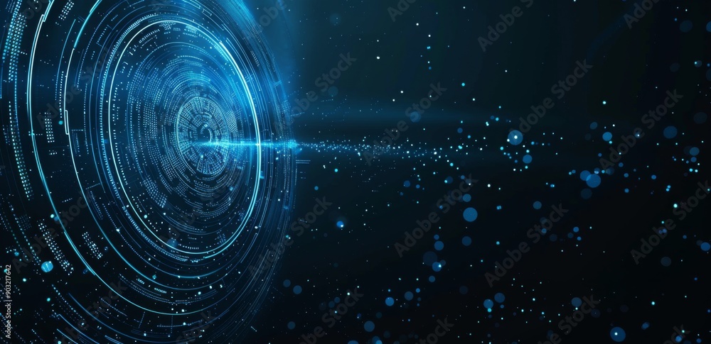 Poster abstract futuristic technology background with blue glowing digital lines and circles, representing 