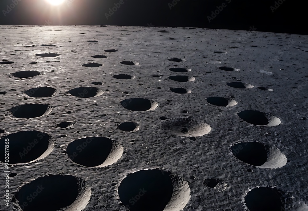 Canvas Prints the surface of an icy moon with deep craters filled with reflective ice, casting long shadows and gl