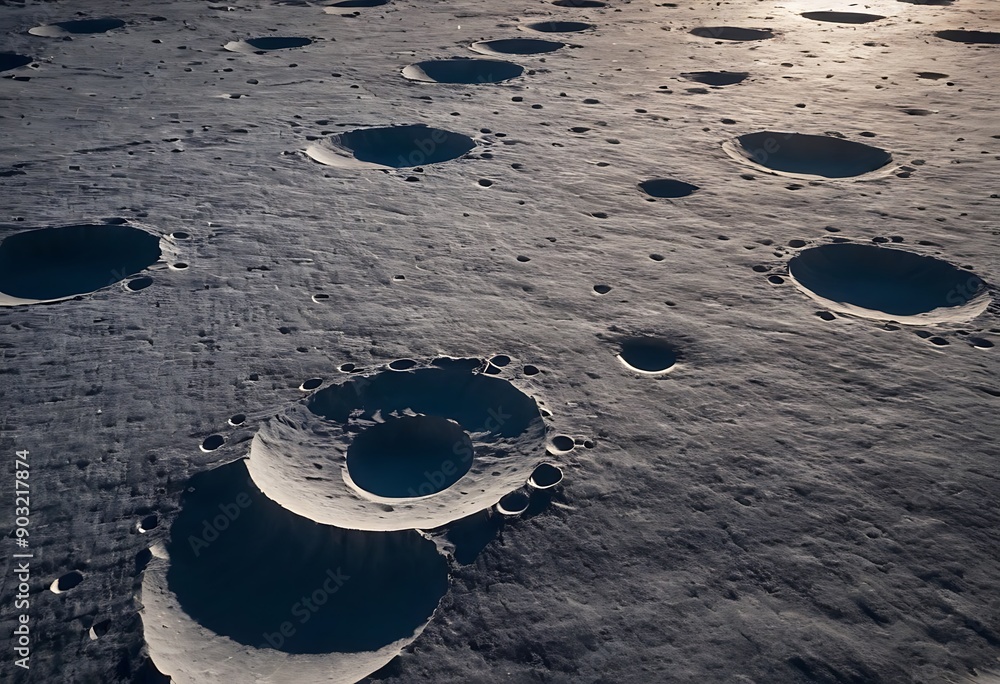 Canvas Prints the surface of an icy moon with deep craters filled with reflective ice, casting long shadows and gl