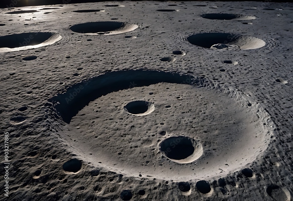 Canvas Prints the surface of an icy moon with deep craters filled with reflective ice, casting long shadows and gl