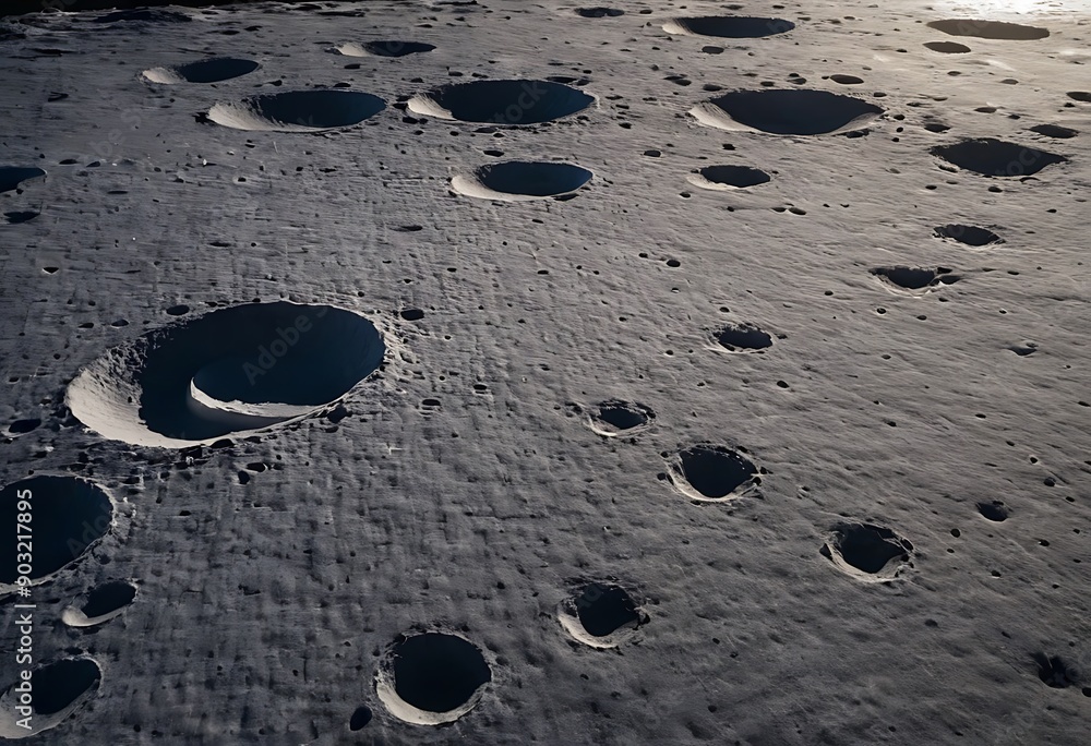 Canvas Prints the surface of an icy moon with deep craters filled with reflective ice, casting long shadows and gl