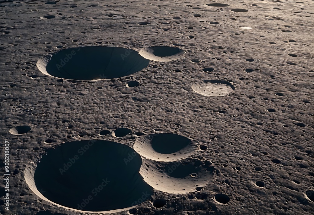 Canvas Prints the surface of an icy moon with deep craters filled with reflective ice, casting long shadows and gl