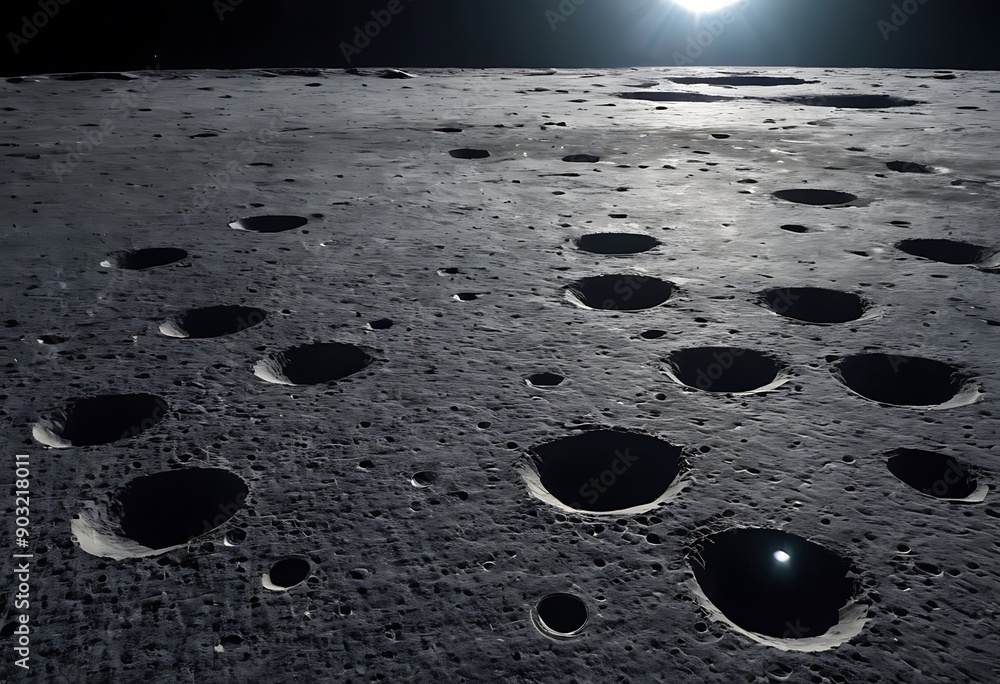 Canvas Prints the surface of an icy moon with deep craters filled with reflective ice, casting long shadows and gl