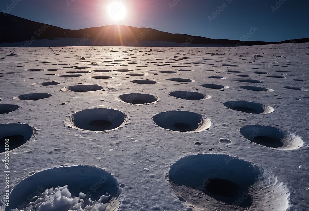 Canvas Prints the surface of an icy moon with deep craters filled with reflective ice, casting long shadows and gl