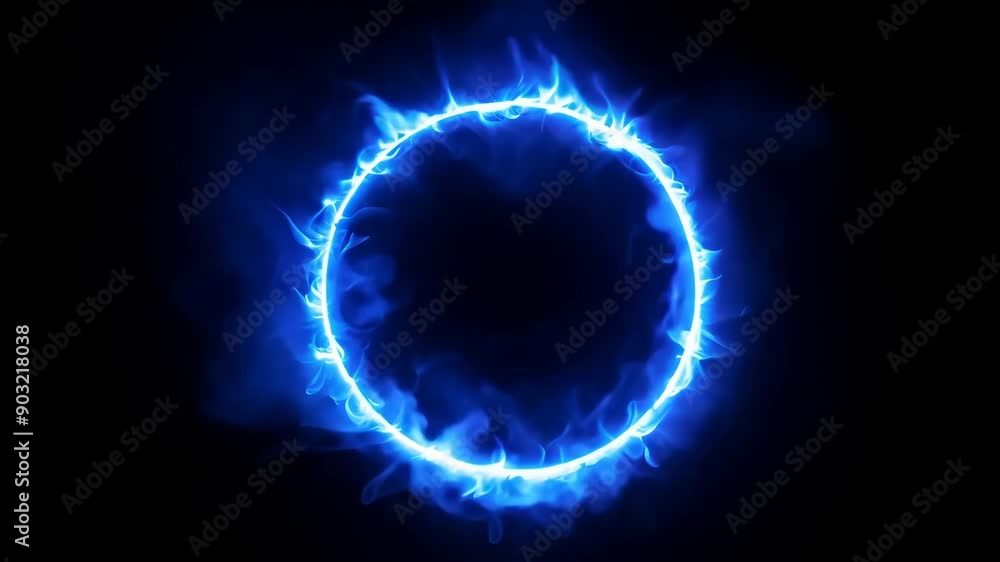 Poster abstract frame with animation of blue fire energy effect with flying particles and sparks on black b