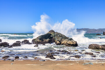 Beautiful oceanfront landscape of Mile Rock Beach, San Francisco, California, Golden Gate National...
