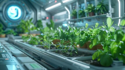 A close-up of a hydroponic garden inside a space station, featuring rows of leafy plants growing in a futuristic setting.