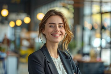 Obraz premium Happy businesswoman in modern office on sunny spring day. Technology and business.