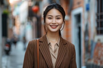 Obraz premium Confident Asian businesswoman commutes to work in old town.