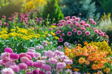 Flourish Flowers. Blossoming Asters in Sunlight Garden Design with Pink and Yellow Flowers