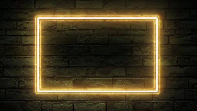 Motion animation of glowing neon rectangle golden frame on black brick wall background. Electric fluorescent sign with empty space. Retro style
