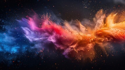 Fototapeta premium An energetic color powder splash in rainbow shades, featuring a dynamic abstract background with paint bursts, dust clouds, and ink splatter effects, set against a black spray and white texture