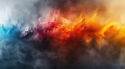 Obraz premium A high-resolution abstract design featuring a rainbow-colored powder splash, with dynamic paint bursts, dust clouds, and ink splatter effects on a white and black textured background