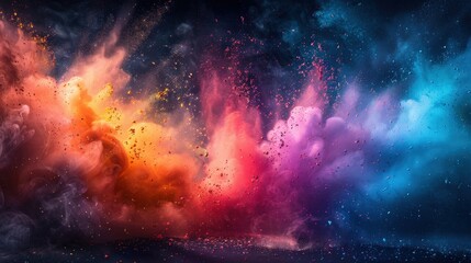 A dynamic and vivid color powder splash with rainbow hues, creating an abstract background with paint explosions, dust bursts, and splatter effects on a white and black spray texture