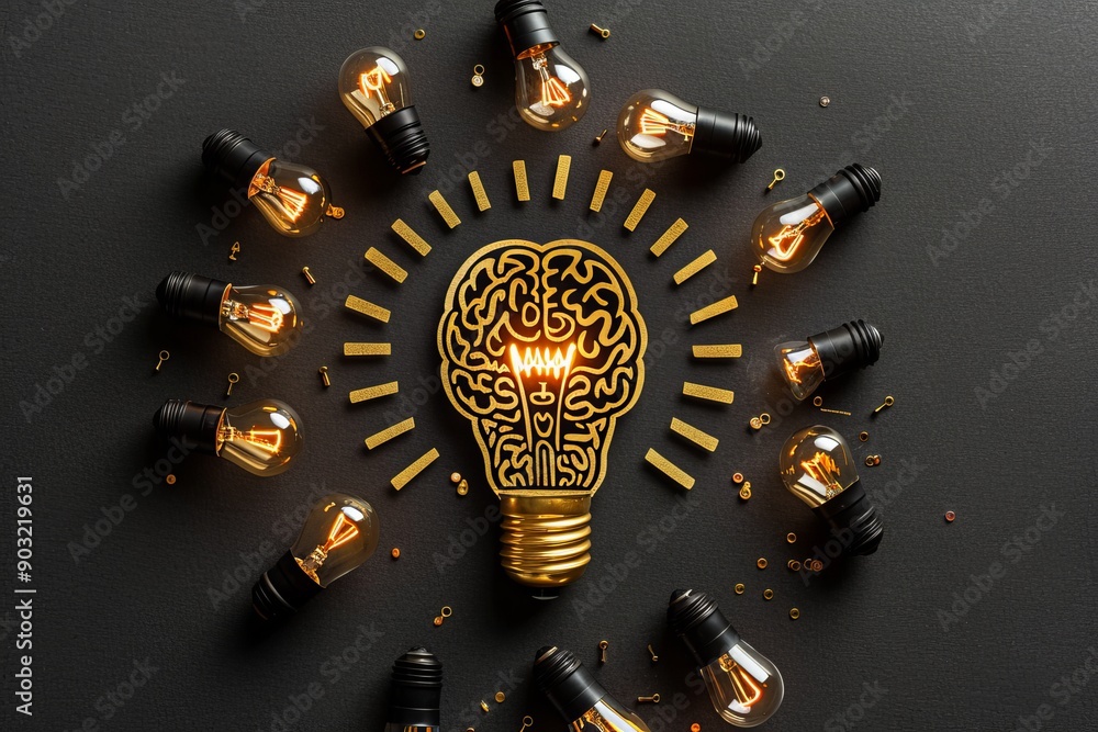 Poster golden brain lightbulb surrounded by smaller illuminated bulbs on a dark background symbolizing inte