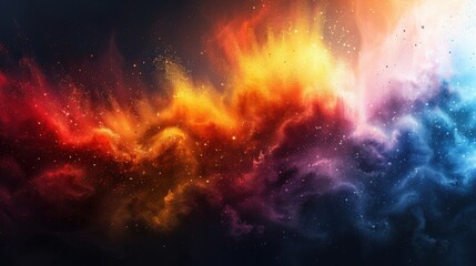 An abstract background with a rainbow powder splash, showcasing colorful paint explosions, dust bursts, and ink splatter effects against a white and black spray texture