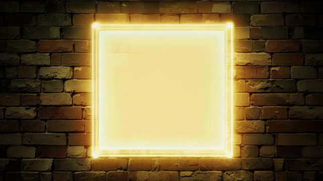 Motion animation of glowing neon rectangle golden frame on black brick wall background. Electric fluorescent sign with empty space. Retro style