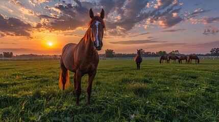 Horses at the horse farm, seen grazing in the pasture at sunset.