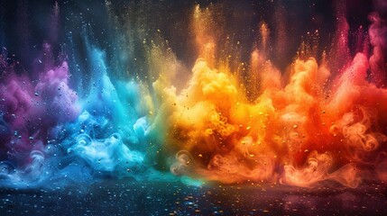 An energetic background with a rainbow powder splash, featuring vivid paint bursts, dust clouds, and ink splatter effects on a white and black textured backdrop